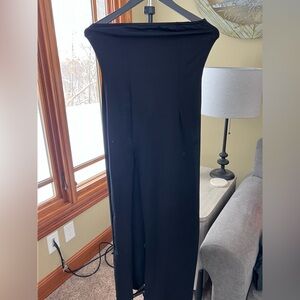 Black strapless floor length dress with w leg slit